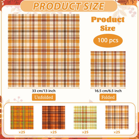 100 Pcs Fall Gingham Square Party Napkins 2 Ply - Grencian