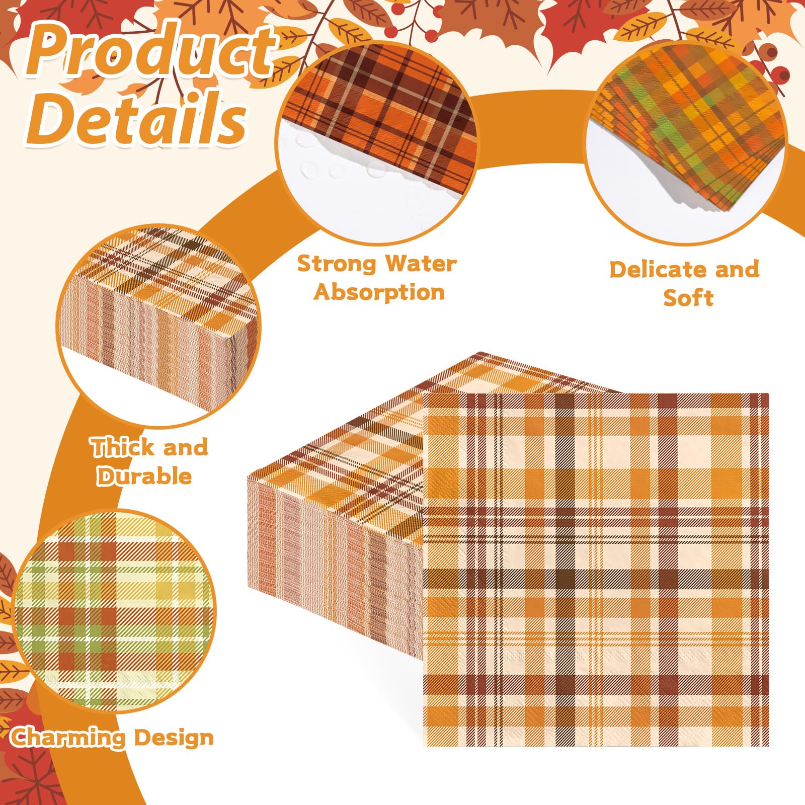 100 Pcs Fall Gingham Square Party Napkins 2 Ply - Grencian