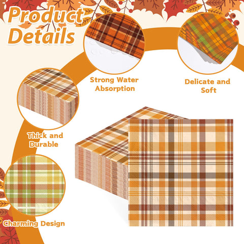 100 Pcs Fall Gingham Square Party Napkins 2 Ply - Grencian