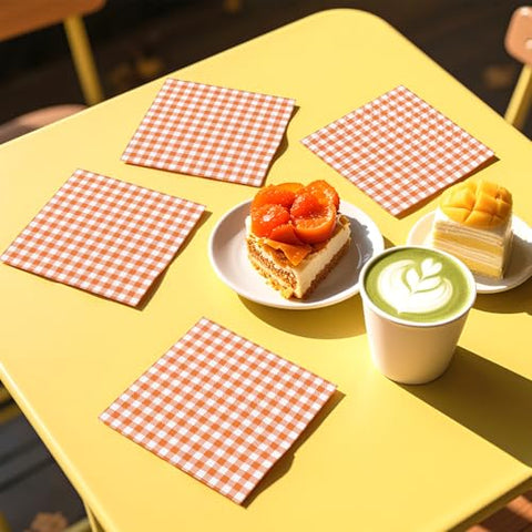 100 Pcs Fall Orange Gingham Square Party Napkins - Grencian