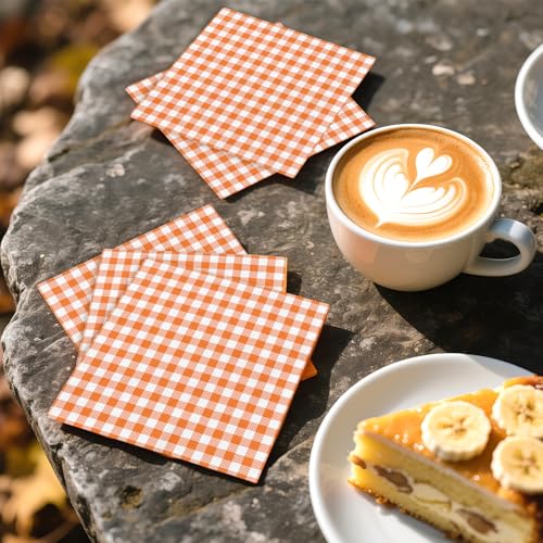 100 Pcs Fall Orange Gingham Square Party Napkins - Grencian