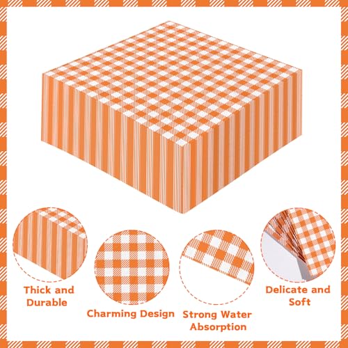100 Pcs Fall Orange Gingham Square Party Napkins - Grencian