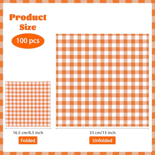 100 Pcs Fall Orange Gingham Square Party Napkins - Grencian