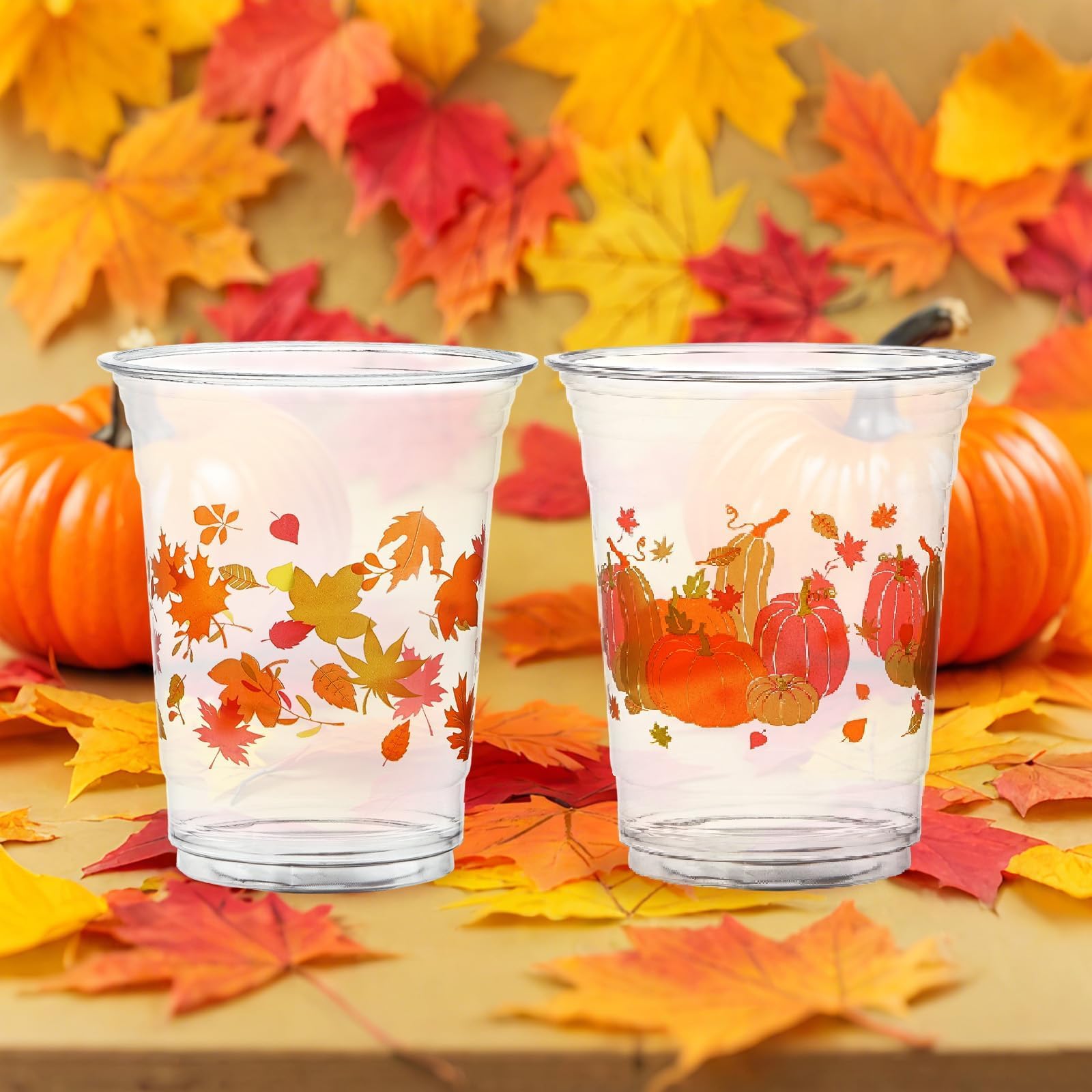 100 Pcs Fall Pumpkin Maple Leaf Plastic Cups - Grencian