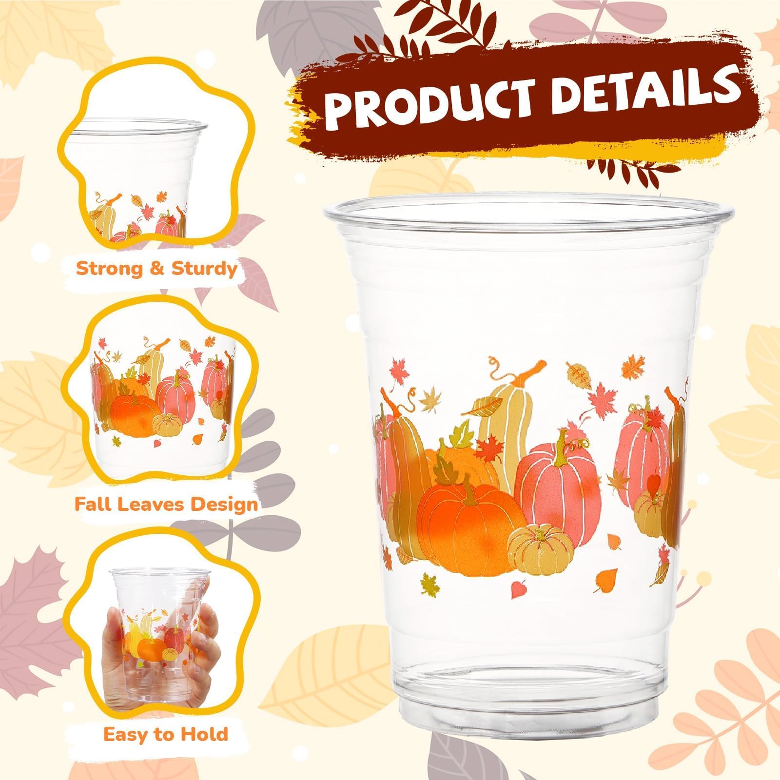 100 Pcs Fall Pumpkin Maple Leaf Plastic Cups - Grencian