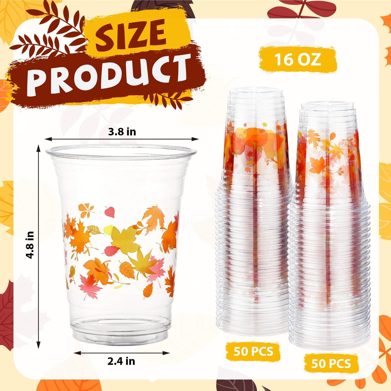 100 Pcs Fall Pumpkin Maple Leaf Plastic Cups - Grencian