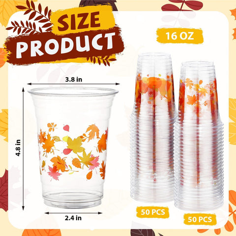 100 Pcs Fall Pumpkin Maple Leaf Plastic Cups - Grencian