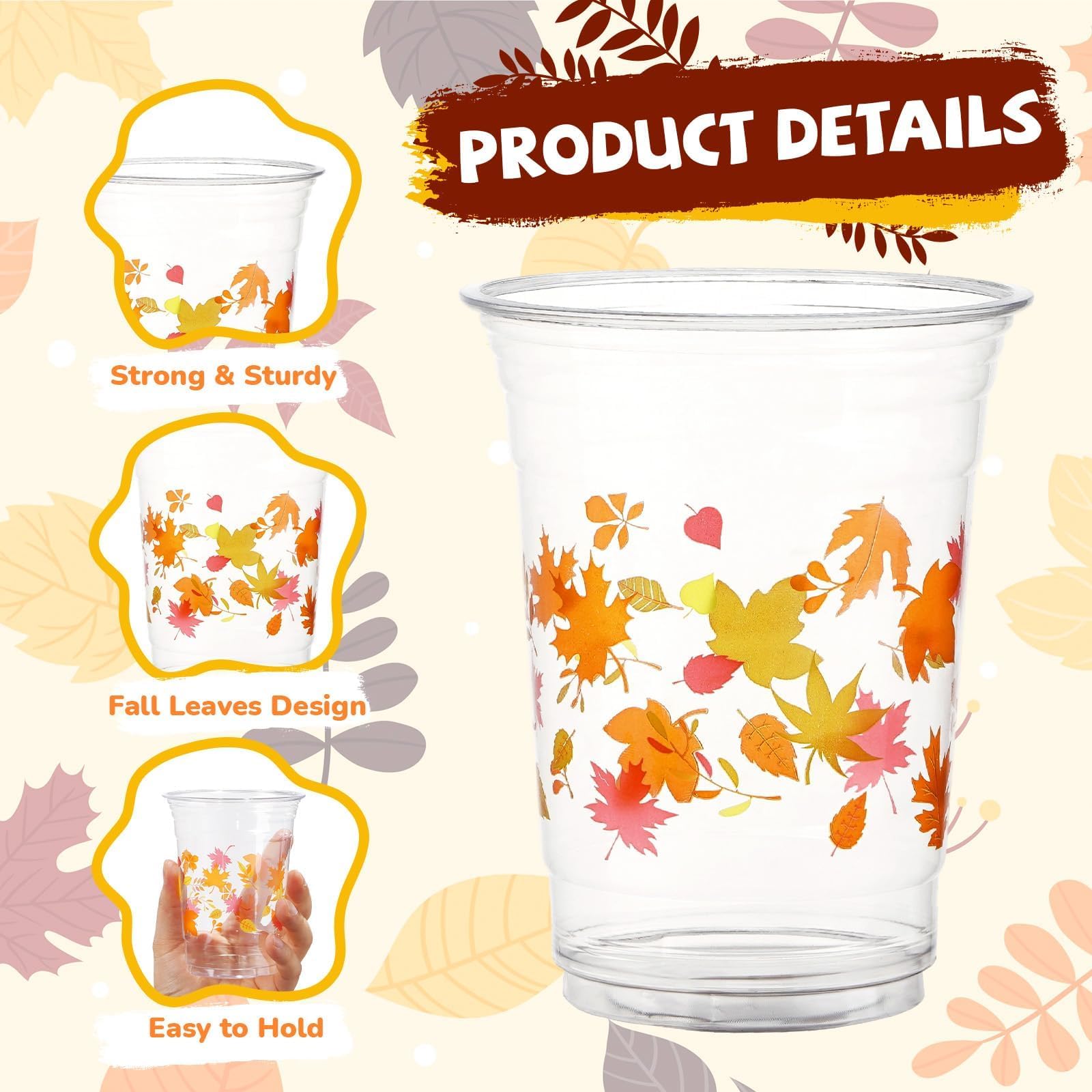 100 Pcs Fall Pumpkin Maple Leaf Plastic Cups - Grencian