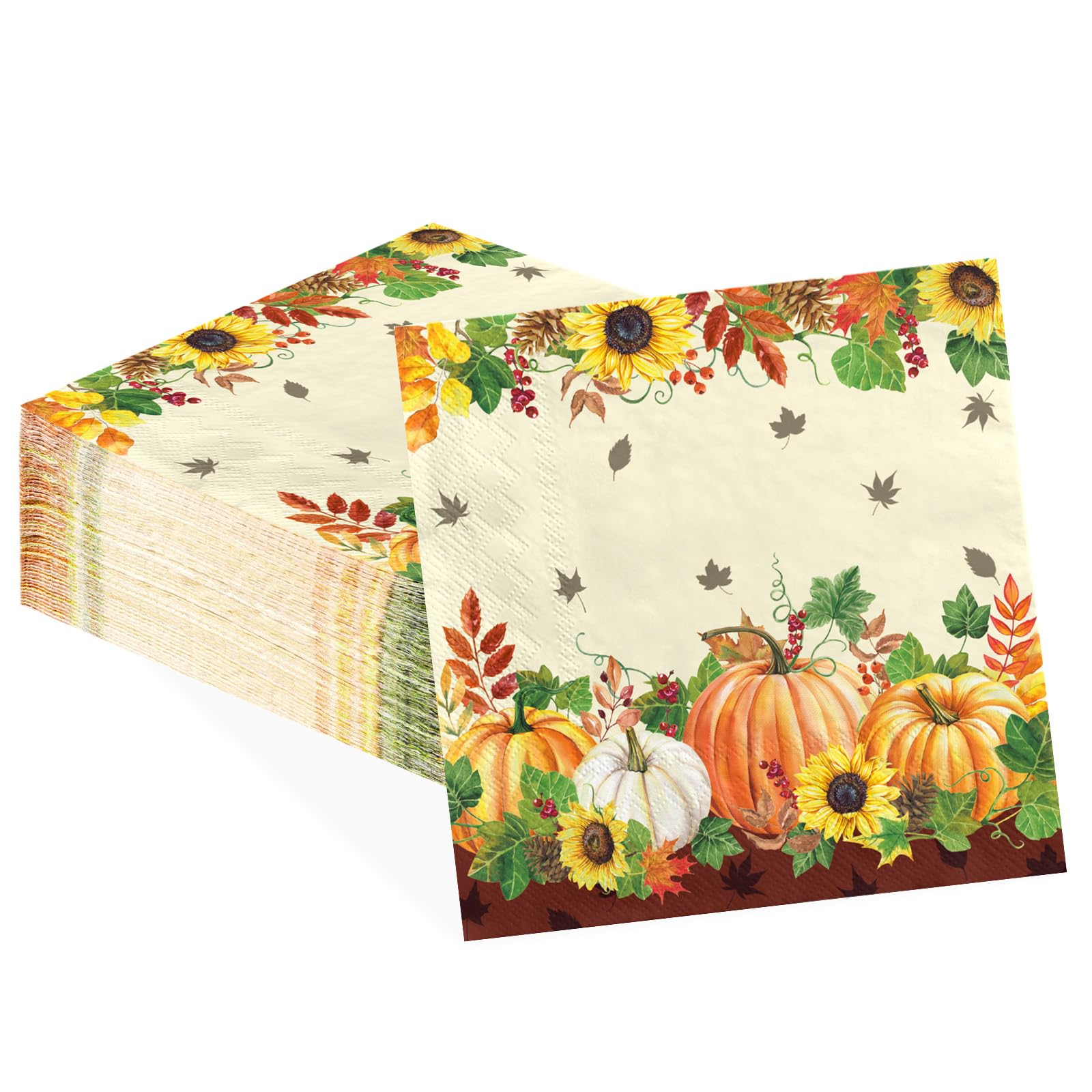 100 Pcs Fall Pumpkin Sunflower Square Party Napkins - Grencian