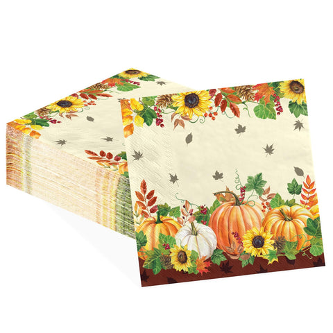100 Pcs Fall Pumpkin Sunflower Square Party Napkins - Grencian