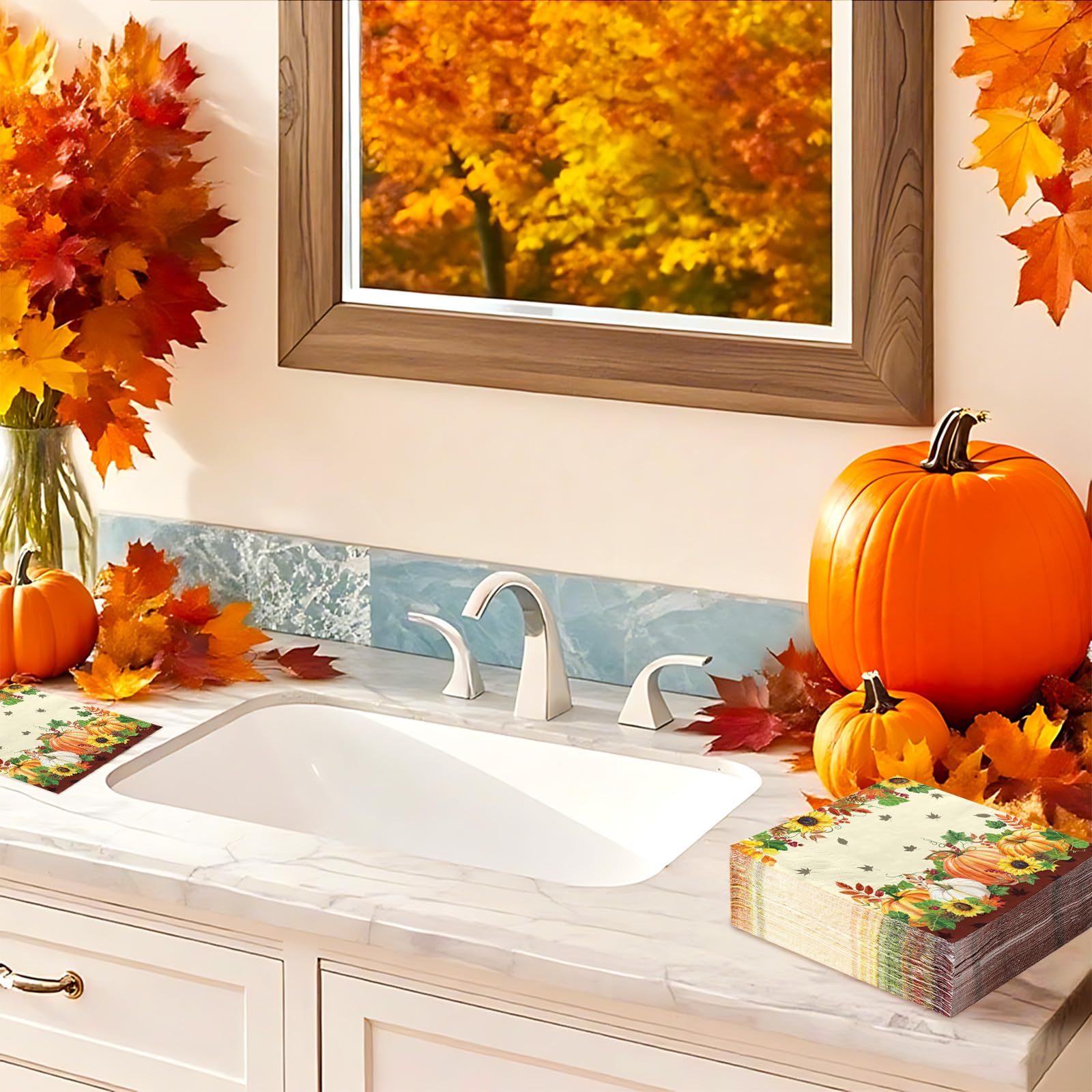 100 Pcs Fall Pumpkin Sunflower Square Party Napkins - Grencian