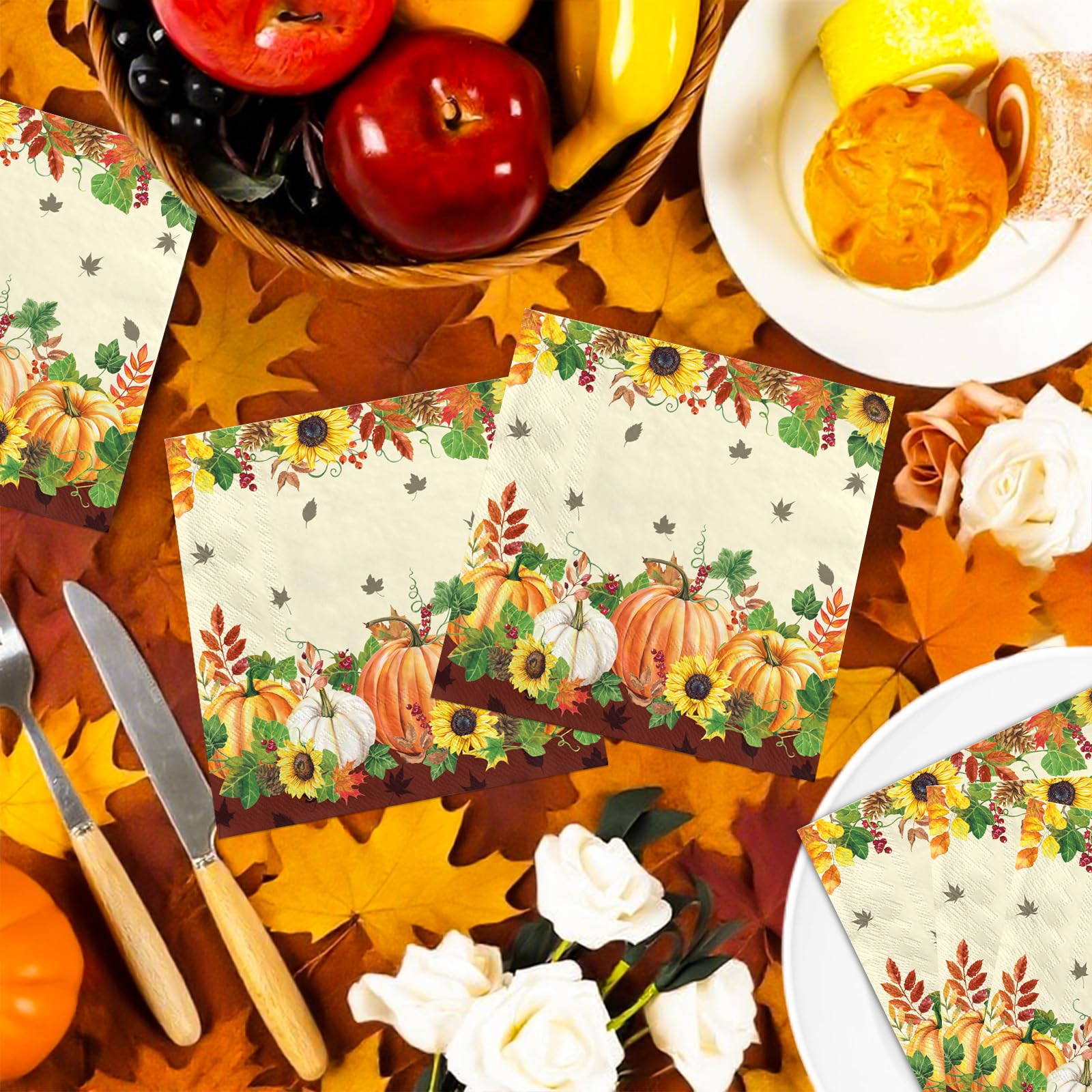 100 Pcs Fall Pumpkin Sunflower Square Party Napkins - Grencian