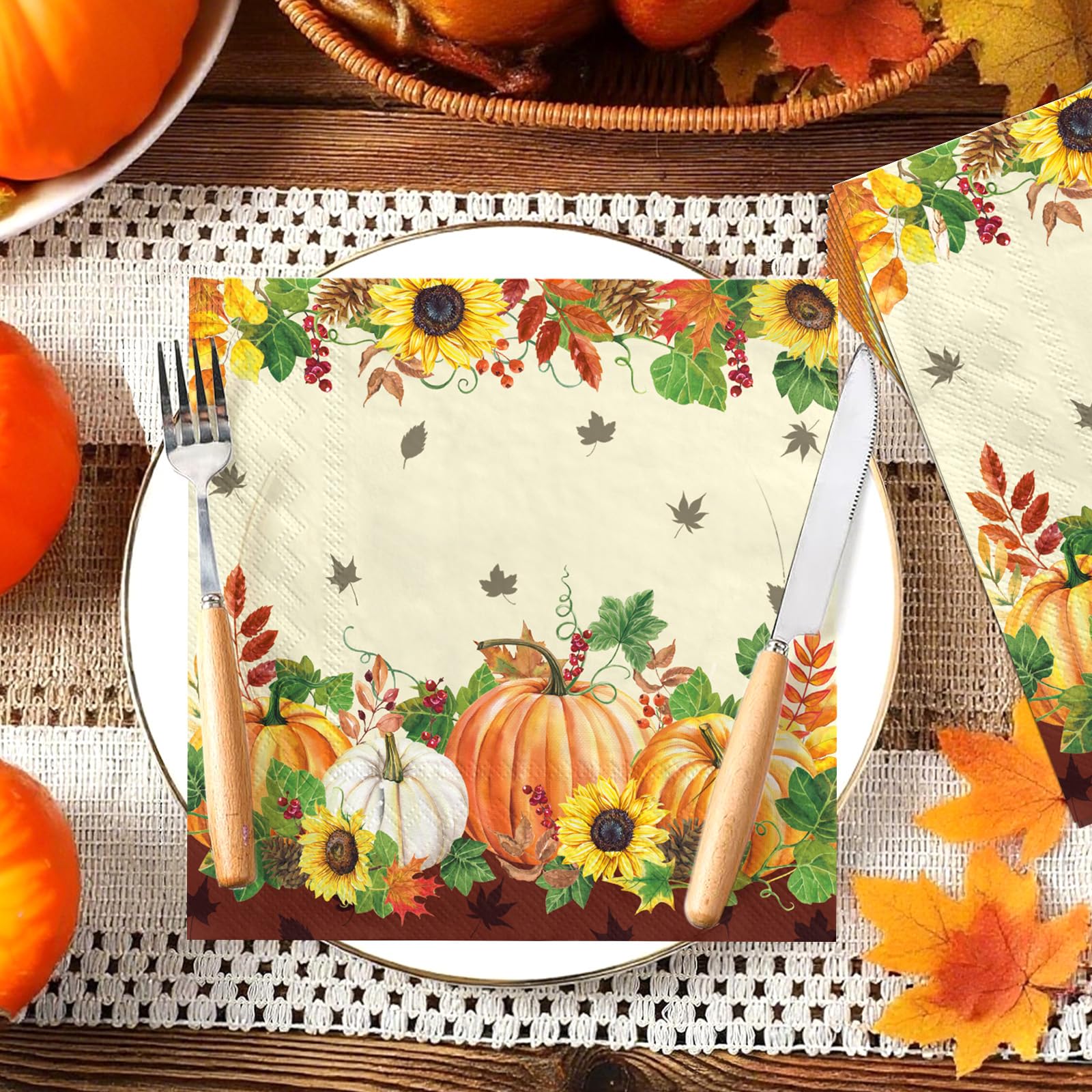 100 Pcs Fall Pumpkin Sunflower Square Party Napkins - Grencian