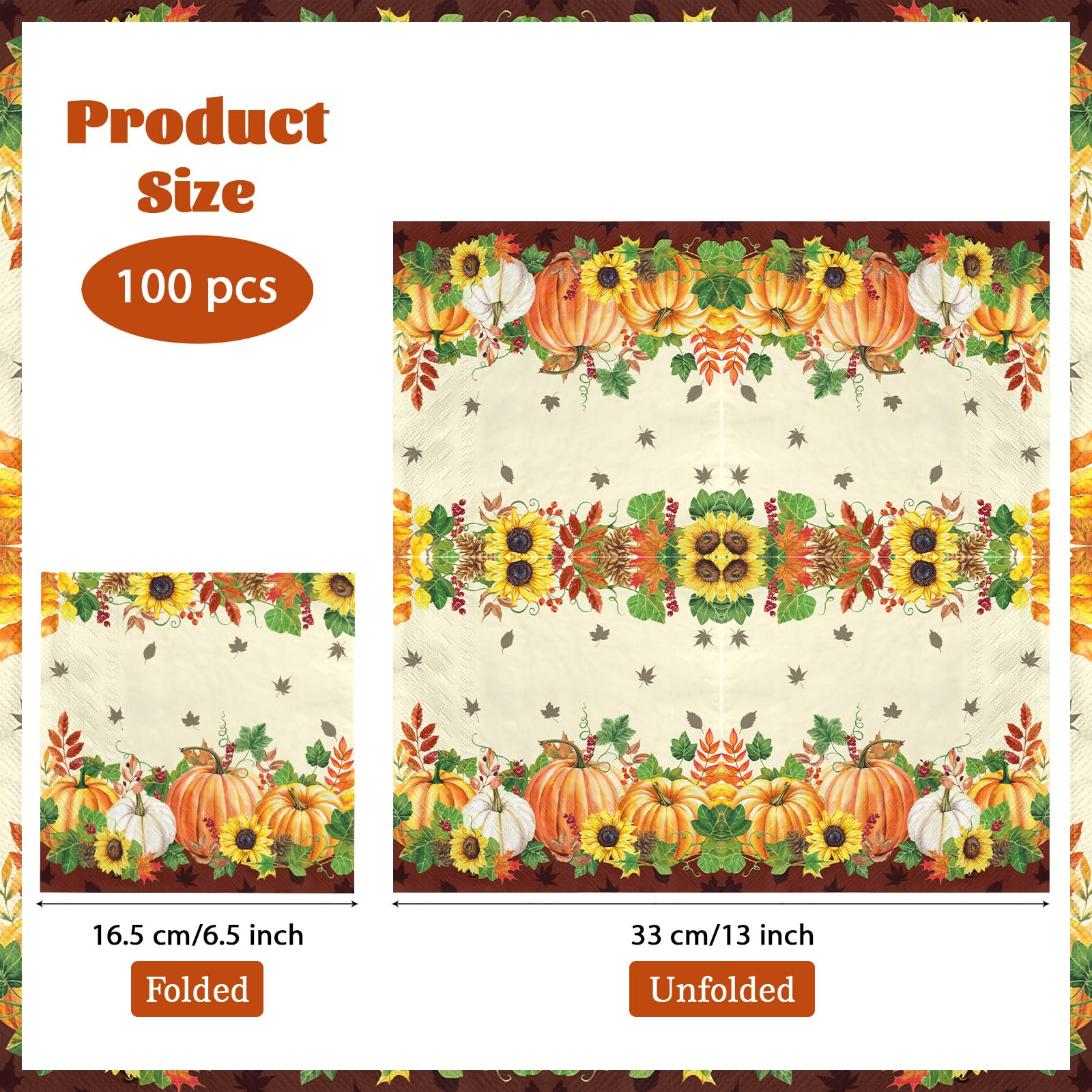 100 Pcs Fall Pumpkin Sunflower Square Party Napkins - Grencian