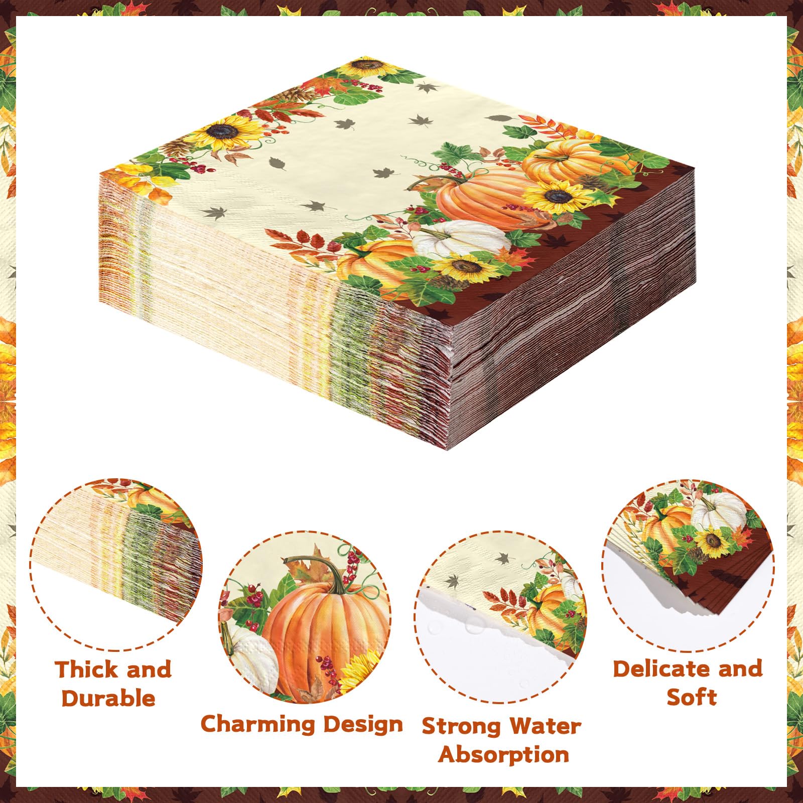 100 Pcs Fall Pumpkin Sunflower Square Party Napkins - Grencian
