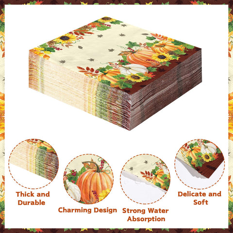 100 Pcs Fall Pumpkin Sunflower Square Party Napkins - Grencian