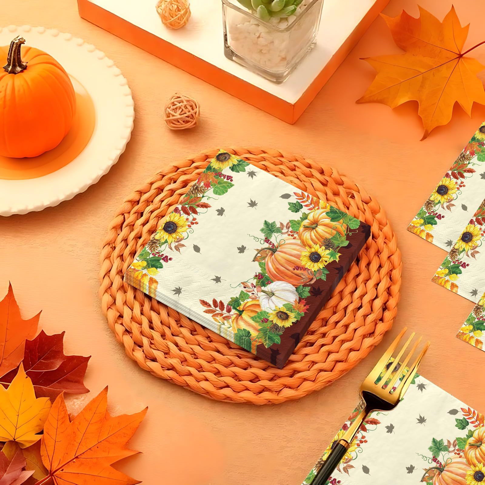 100 Pcs Fall Pumpkin Sunflower Square Party Napkins - Grencian