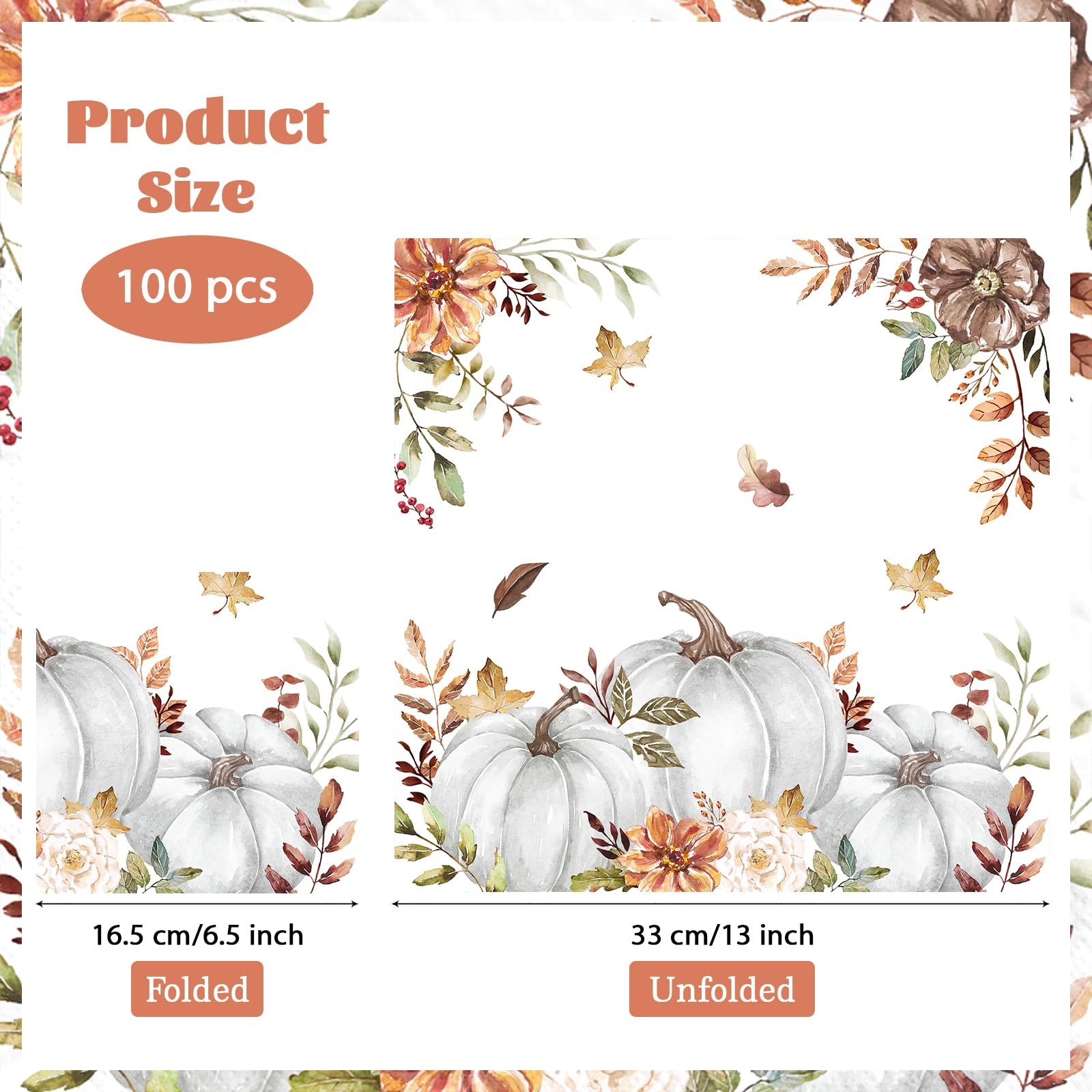 100 Pcs Fall White Pumpkin Party Napkins - Grencian