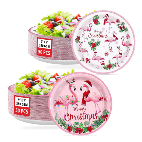 100 Pcs Flamingo Christmas Party Paper Plates - Grencian