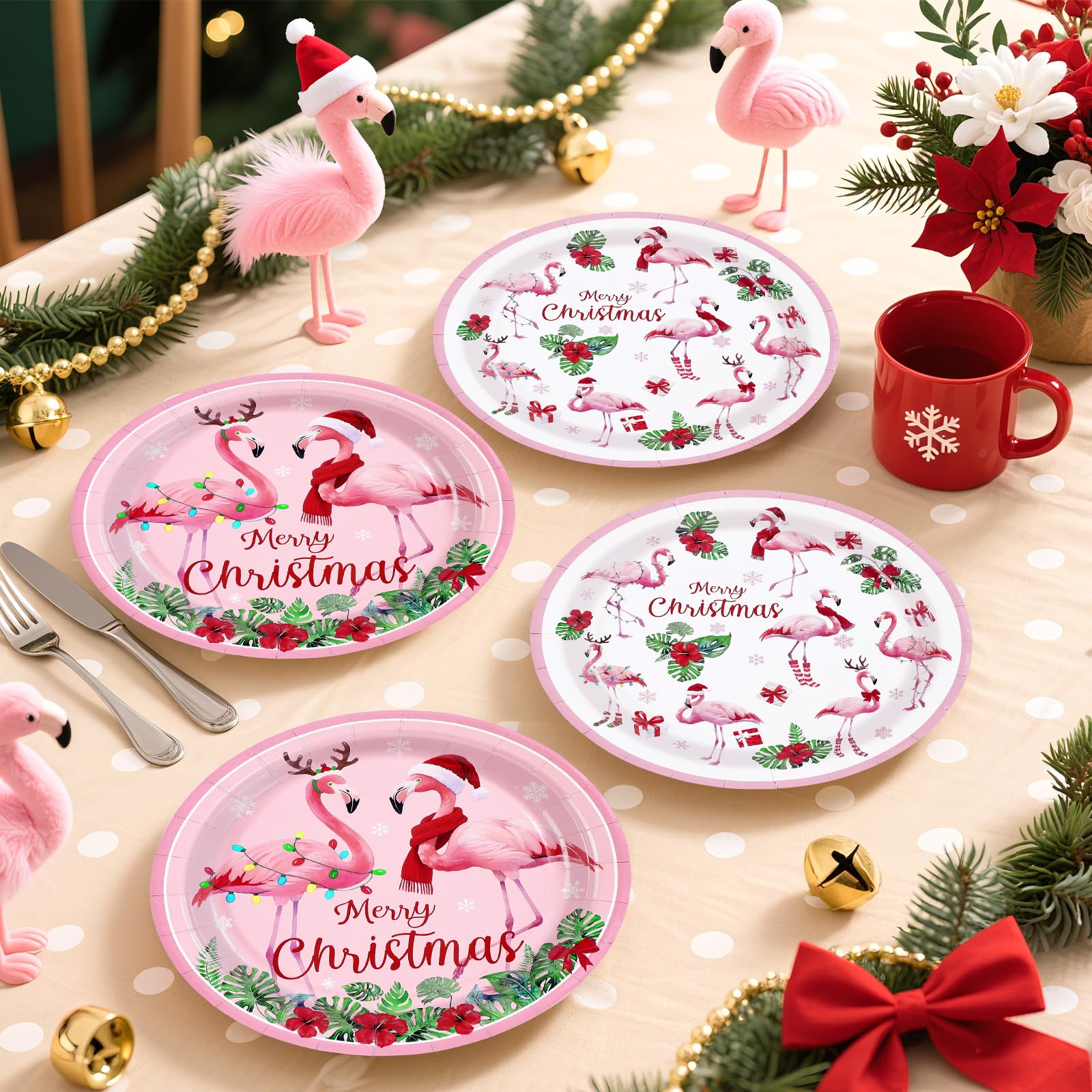 100 Pcs Flamingo Christmas Party Paper Plates - Grencian
