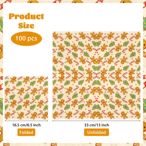 100 Pcs Gingerbread Man Candy Square Party Napkins - Grencian