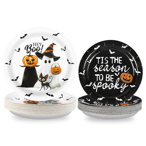 100 Pcs Halloween White Black Party Paper Plates - Grencian