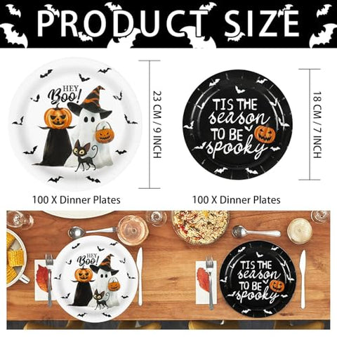 100 Pcs Halloween White Black Party Paper Plates - Grencian