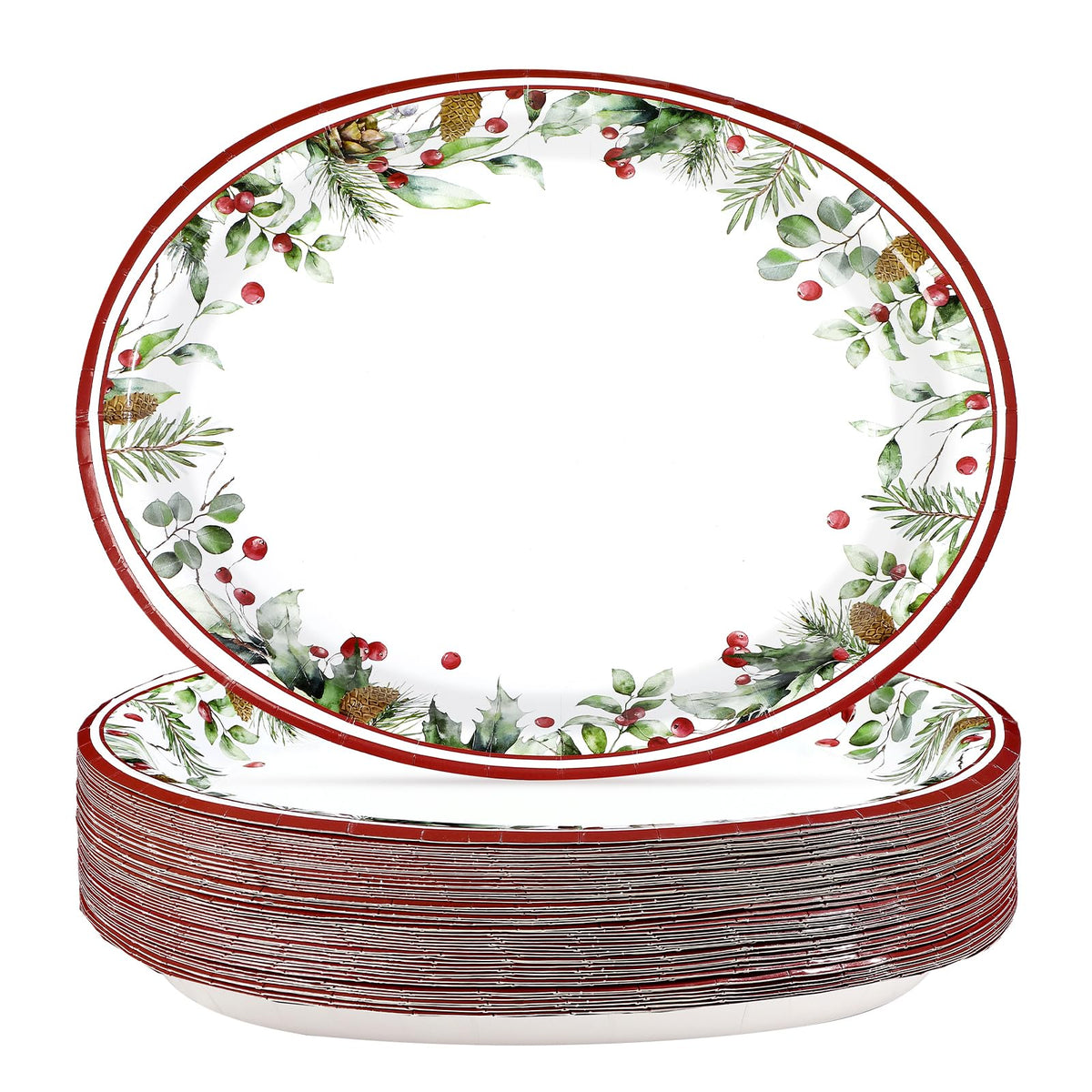 100 Pcs Holly Berries Leaves Oval Paper Plates - Grencian