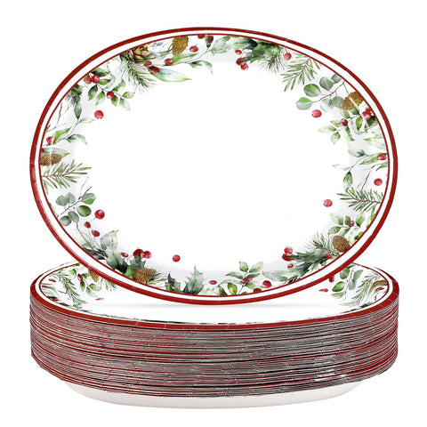 100 Pcs Holly Berries Leaves Oval Paper Plates - Grencian