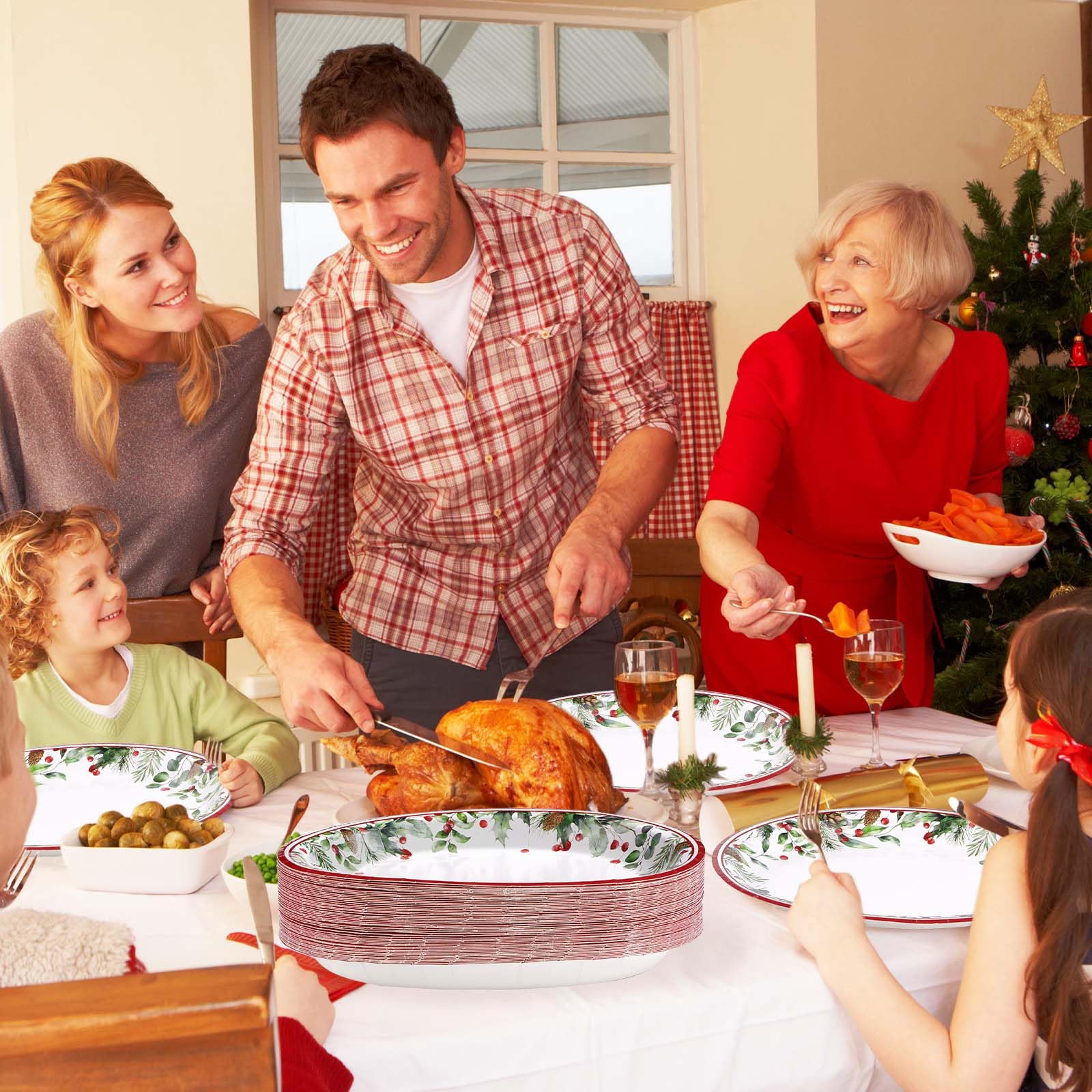 100 Pcs Holly Berries Leaves Oval Paper Plates - Grencian