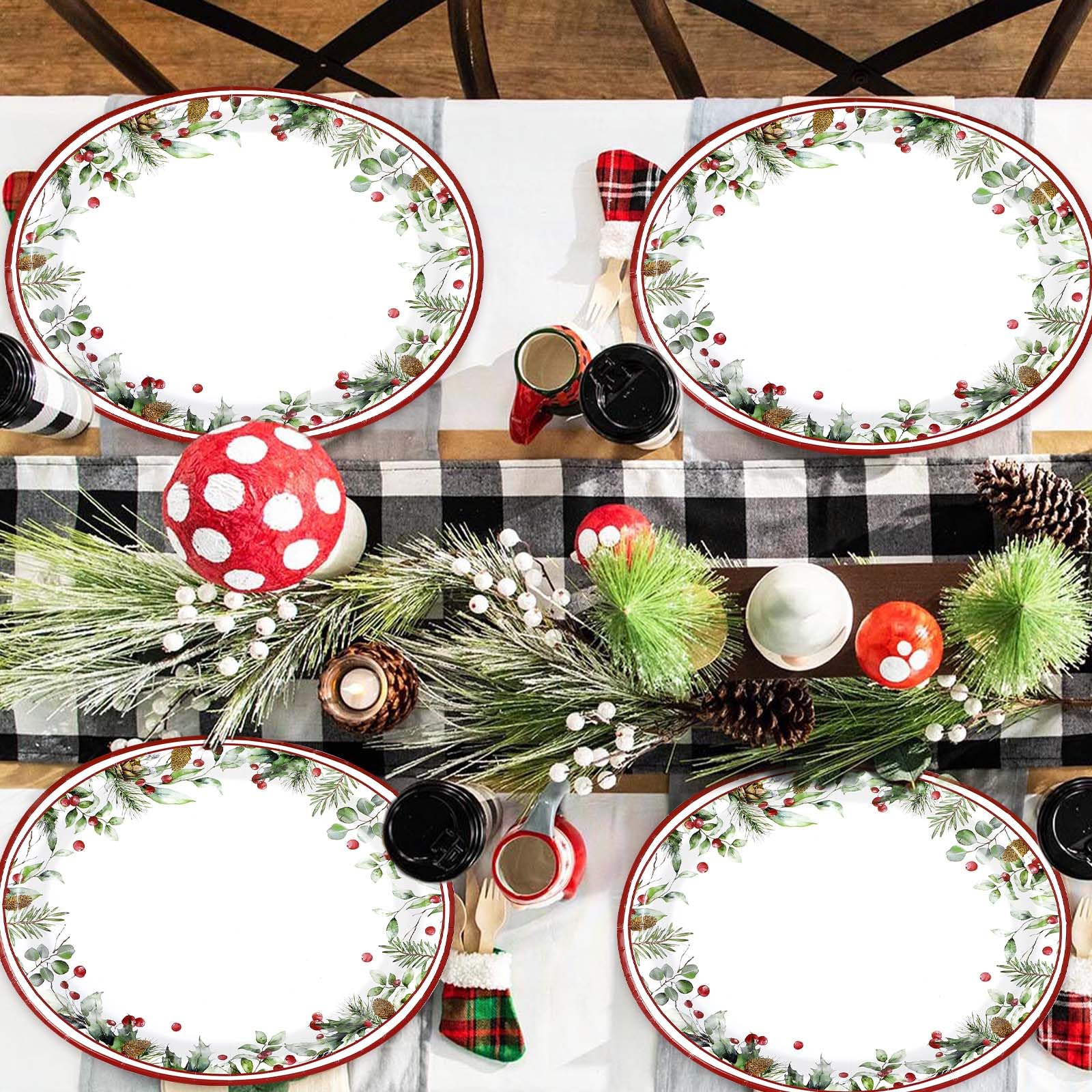 100 Pcs Holly Berries Leaves Oval Paper Plates - Grencian
