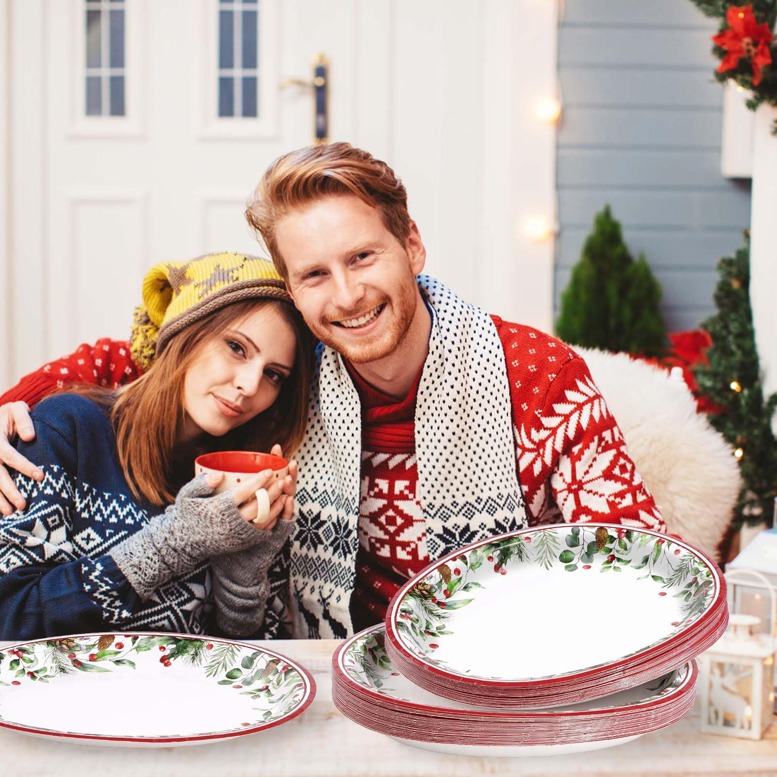 100 Pcs Holly Berries Leaves Oval Paper Plates - Grencian