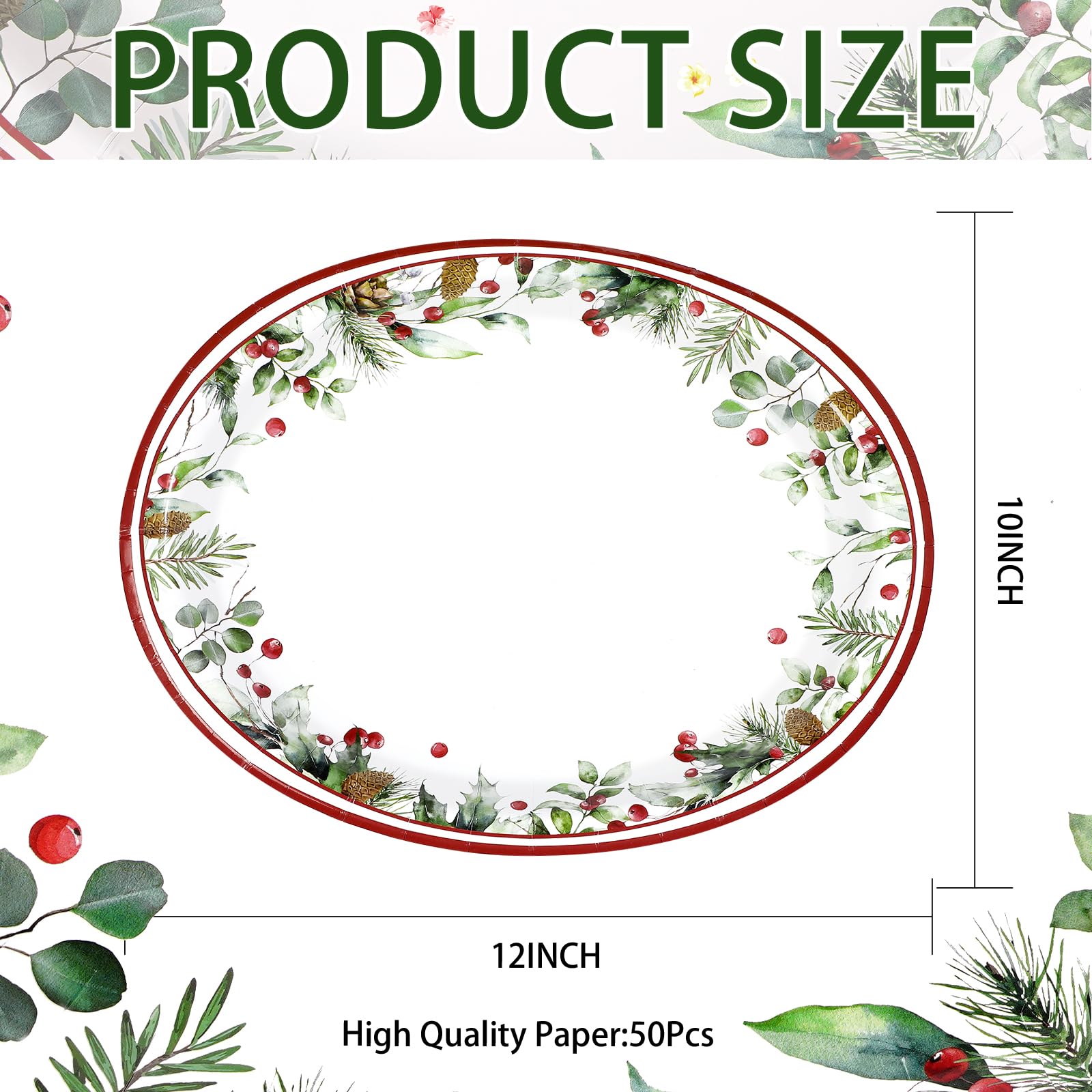 100 Pcs Holly Berries Leaves Oval Paper Plates - Grencian