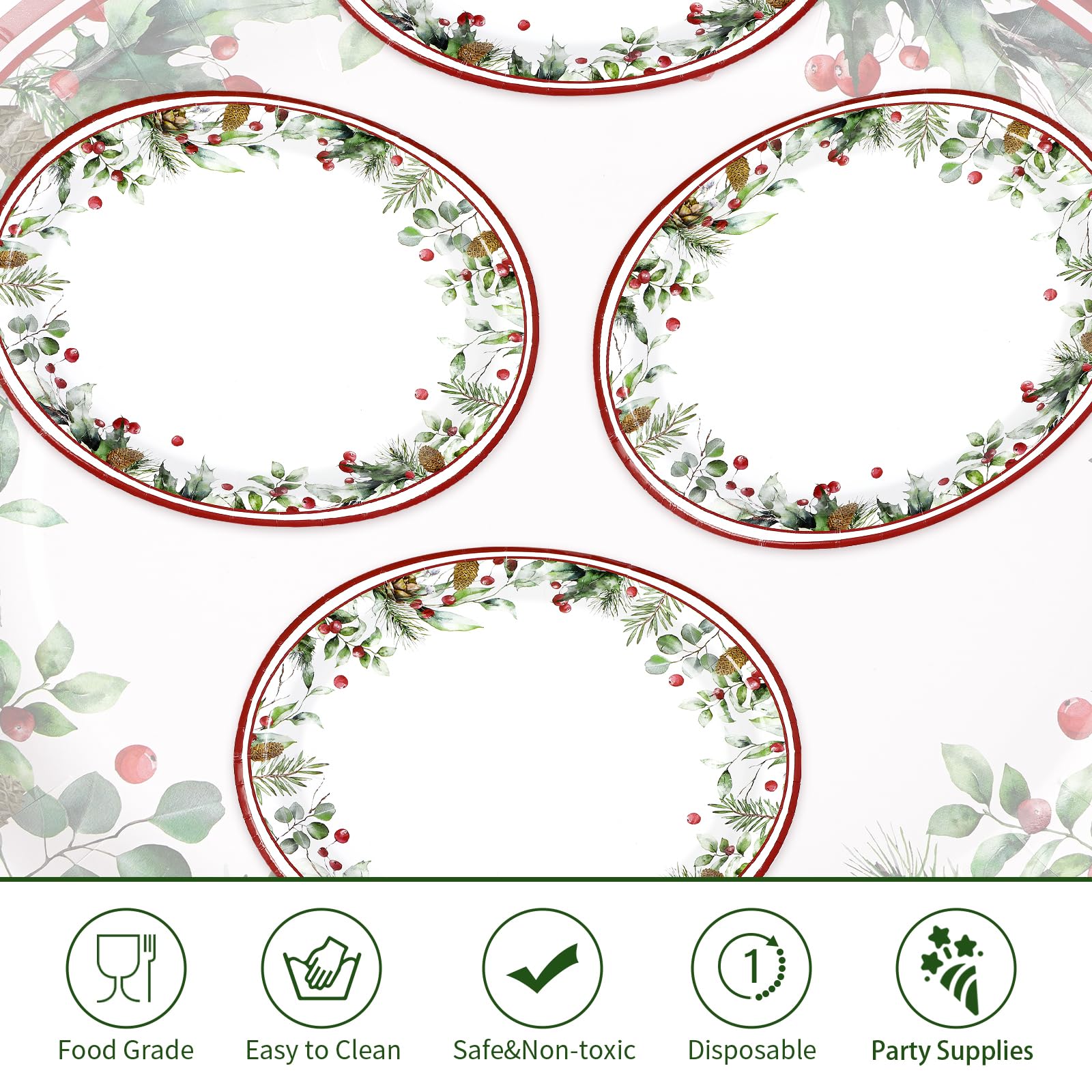 100 Pcs Holly Berries Leaves Oval Paper Plates - Grencian