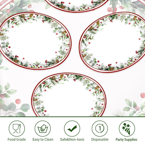 100 Pcs Holly Berries Leaves Oval Paper Plates - Grencian