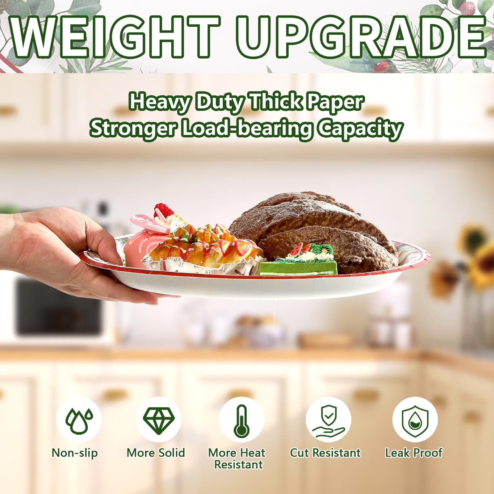 100 Pcs Holly Berries Leaves Oval Paper Plates - Grencian