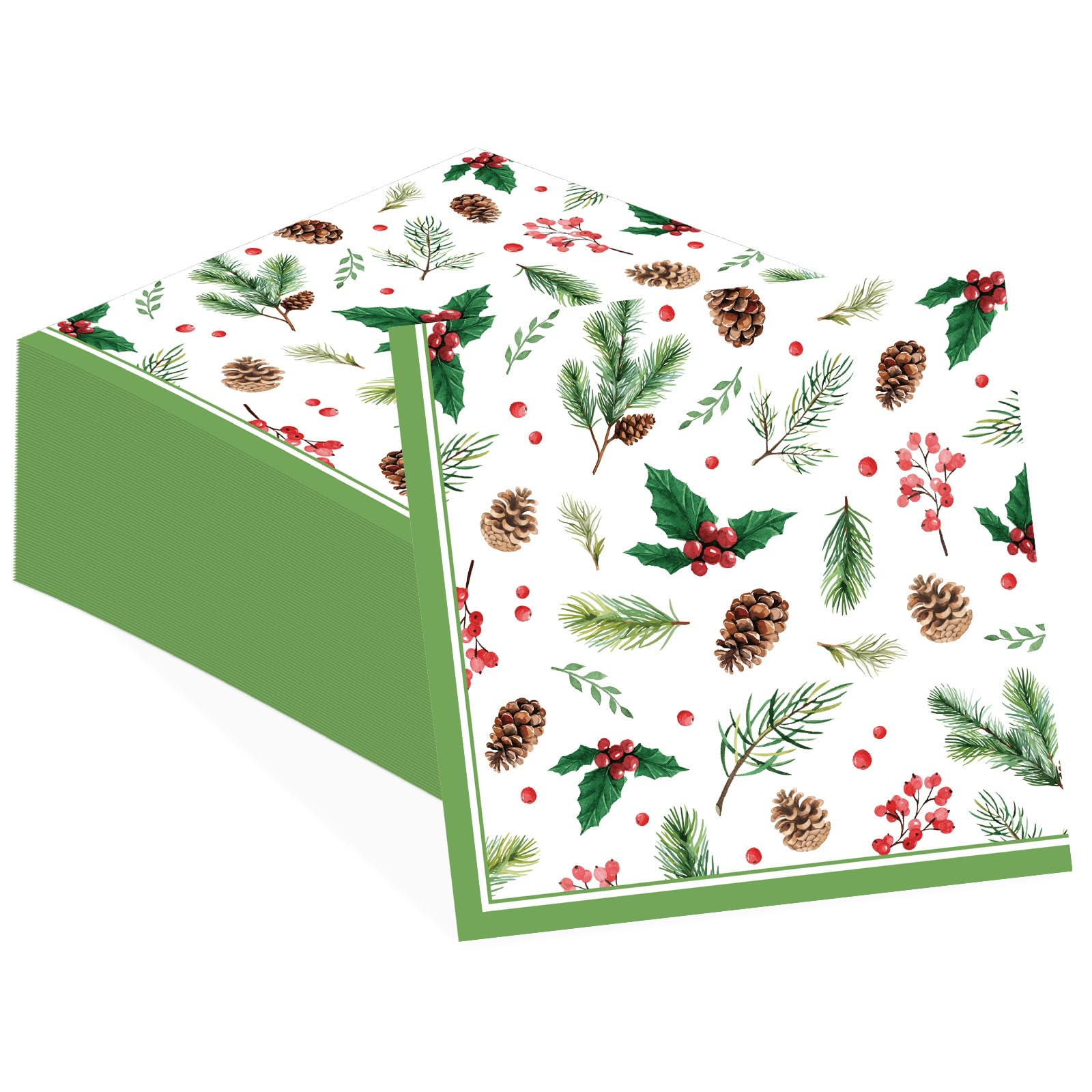100 Pcs Holly Leaves Red Berries Square Party Napkins - Grencian