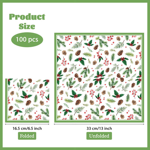 100 Pcs Holly Leaves Red Berries Square Party Napkins - Grencian