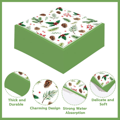 100 Pcs Holly Leaves Red Berries Square Party Napkins - Grencian