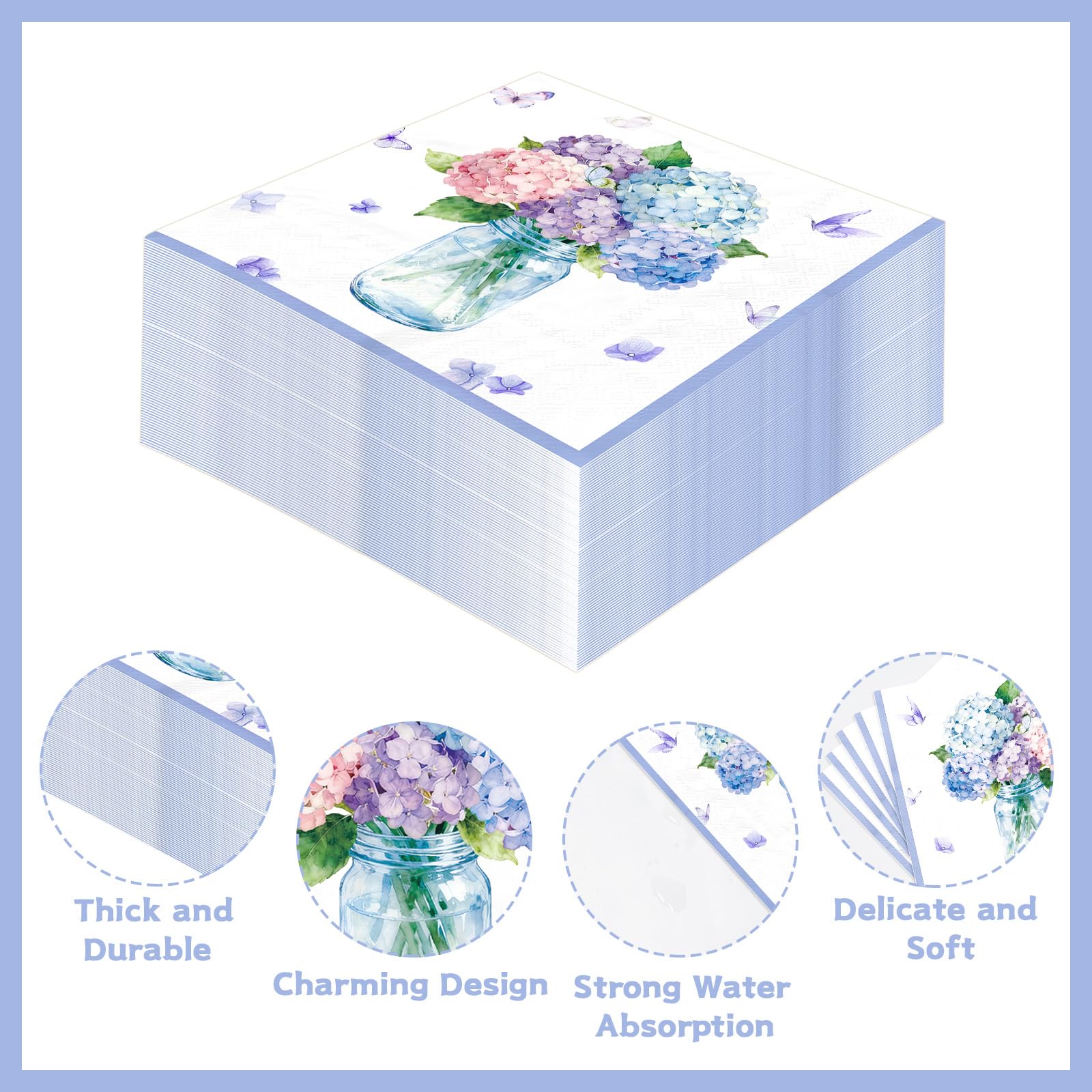 100 Pcs Hydrangea Floral Square Party Napkins - Grencian