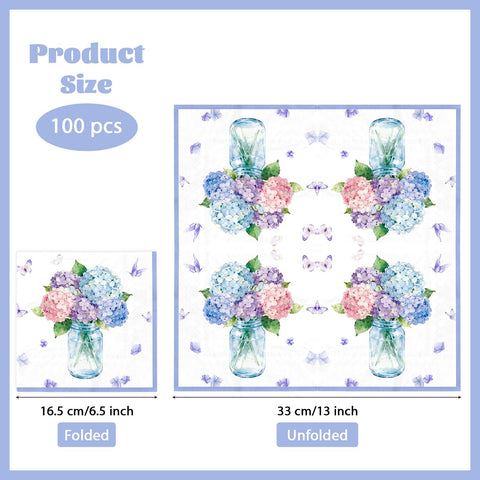 100 Pcs Hydrangea Floral Square Party Napkins - Grencian