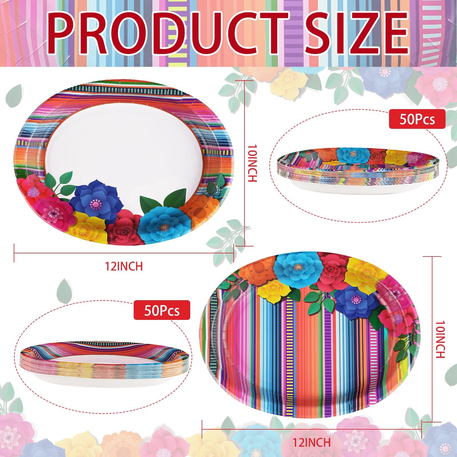 100 Pcs Mexican Fiesta Oval Party Paper Plates - Grencian