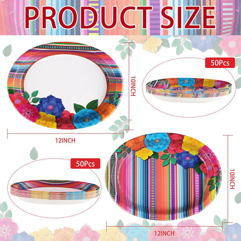 100 Pcs Mexican Fiesta Oval Party Paper Plates - Grencian