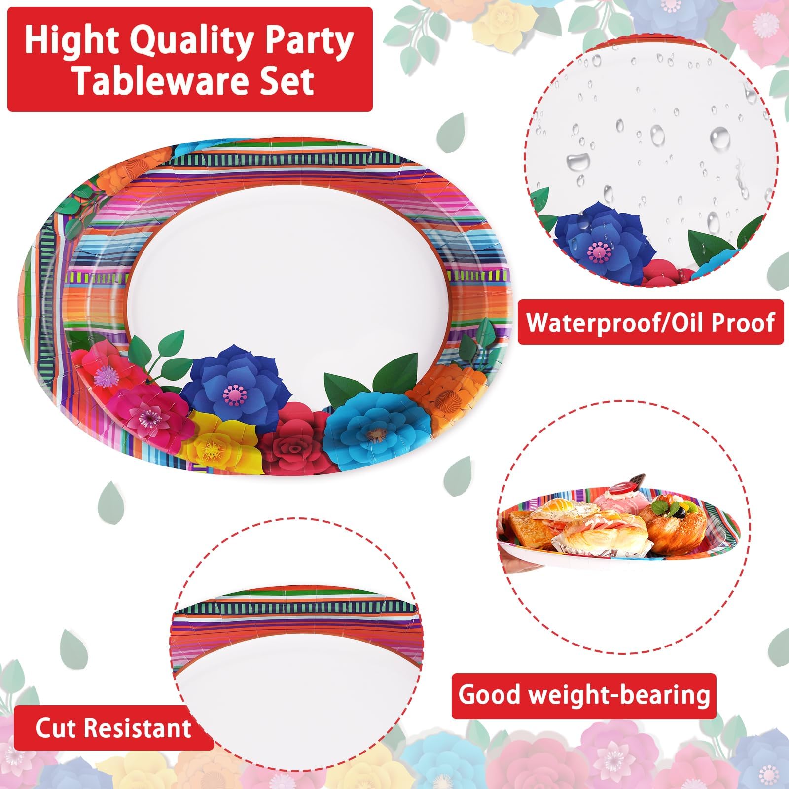 100 Pcs Mexican Fiesta Oval Party Paper Plates - Grencian