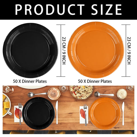 100 Pcs Orange and Black Party Paper Plates - Grencian