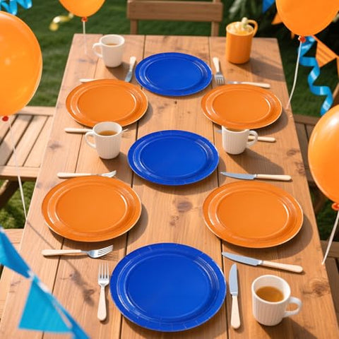 100 Pcs Orange and Blue Party Paper Plates - Grencian