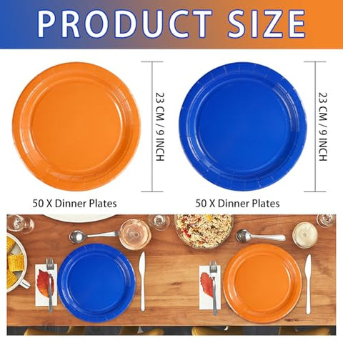 100 Pcs Orange and Blue Party Paper Plates - Grencian