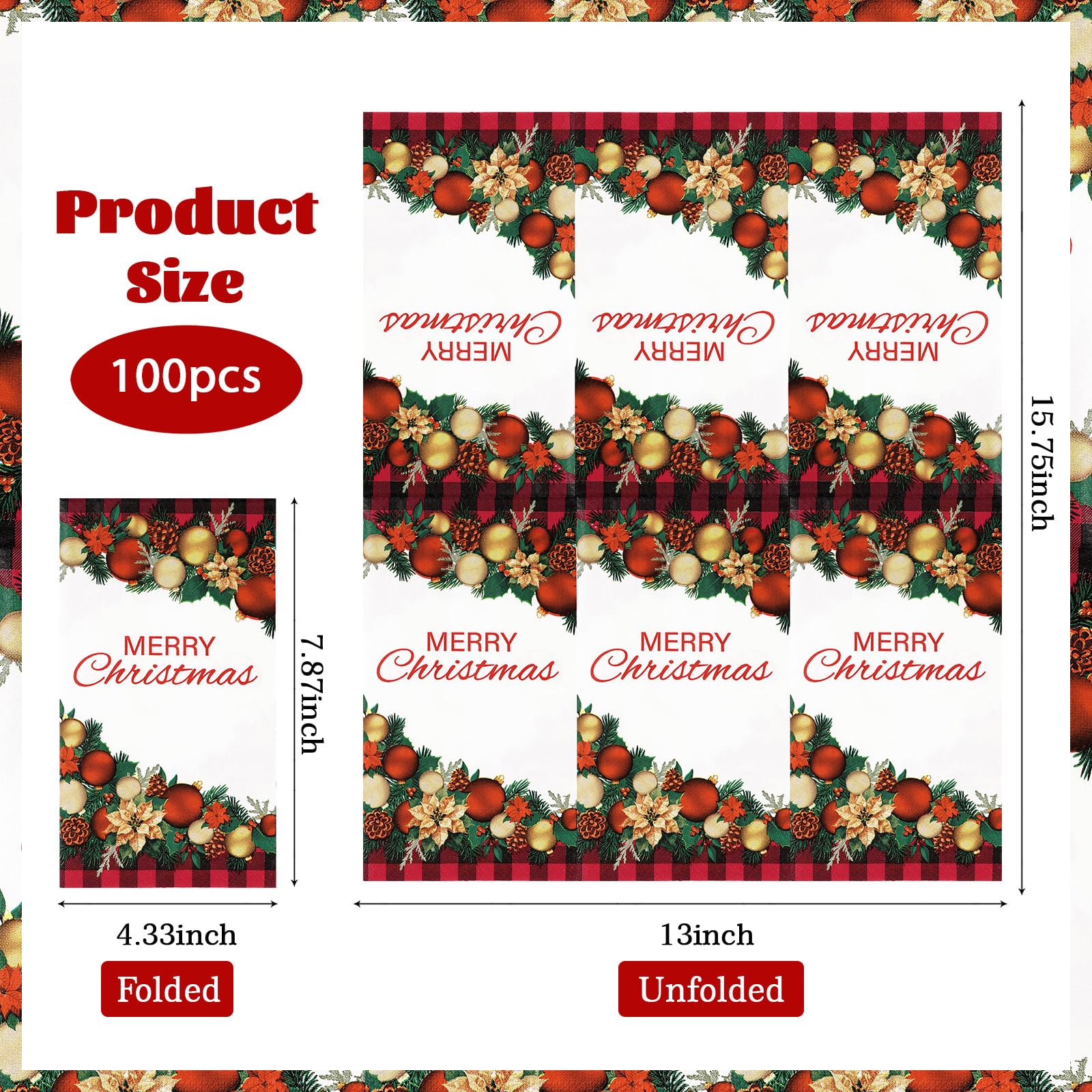 100 Pcs Paper Napkin 3 Ply Christmas Ball - Grencian