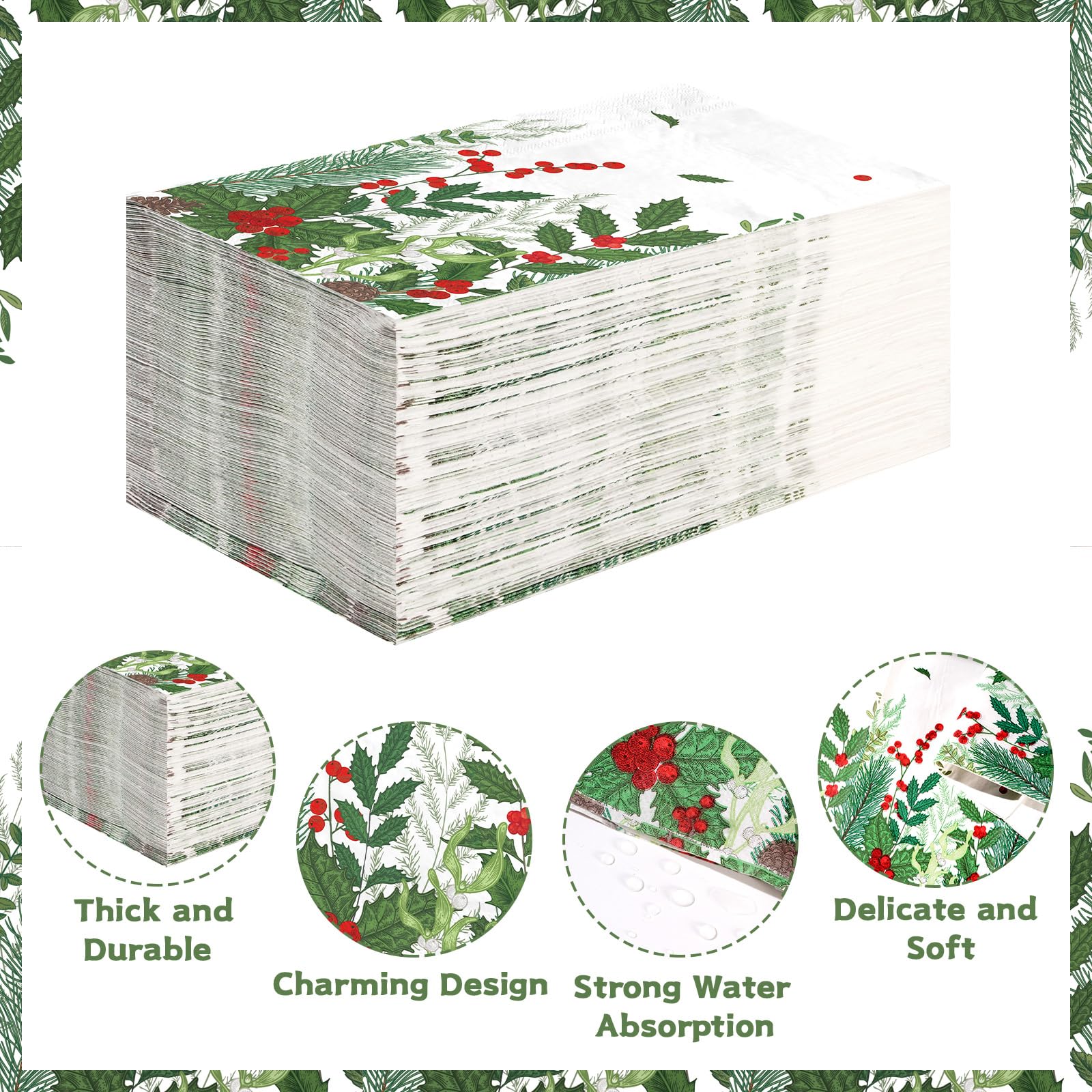 100 Pcs Paper Napkin 3 Ply Christmas Berries Pine - Grencian
