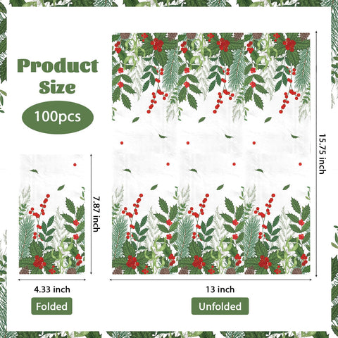 100 Pcs Paper Napkin 3 Ply Christmas Berries Pine - Grencian